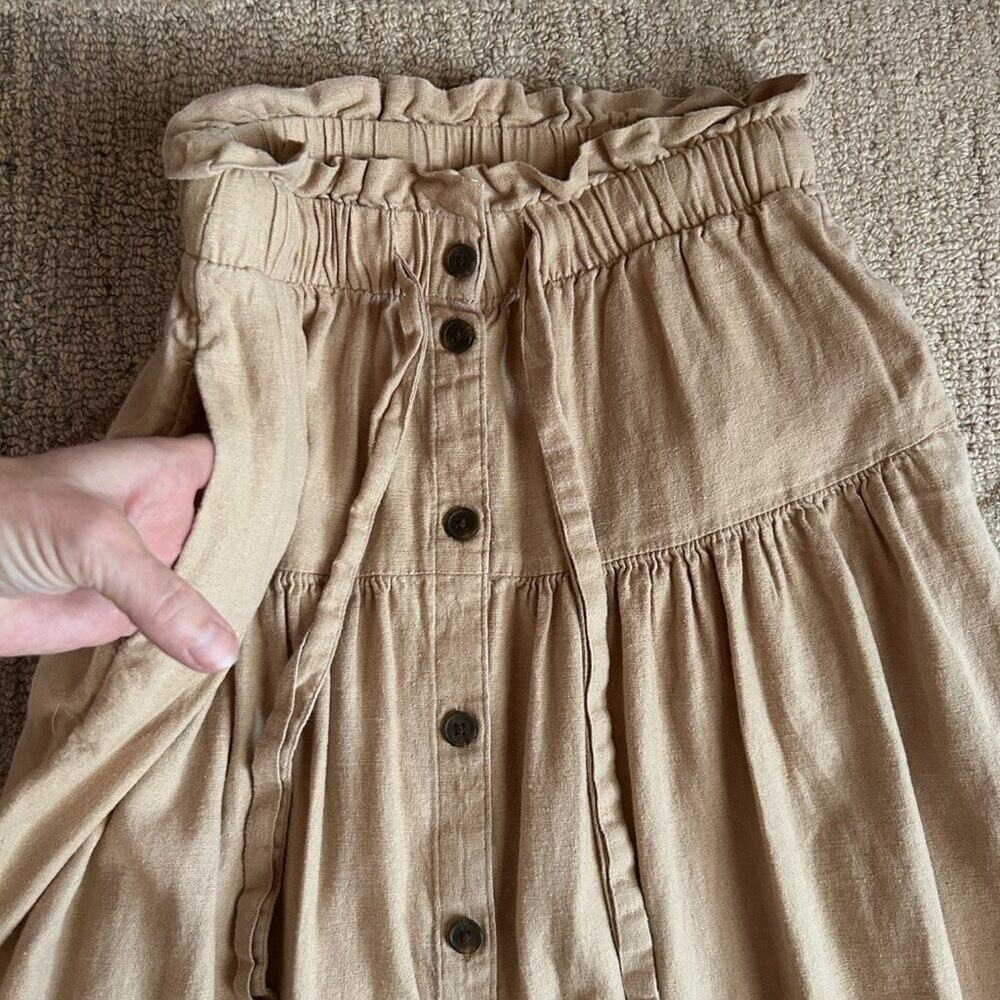 Romantic Cottage Peasant Linen Button Front Midi Skirt Neutral Tie Tiered XS - Picture 5 of 11